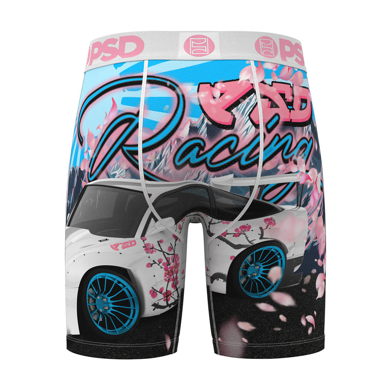 Men's boxer briefs with racing car collage and pink cherry blossoms, grey waistband