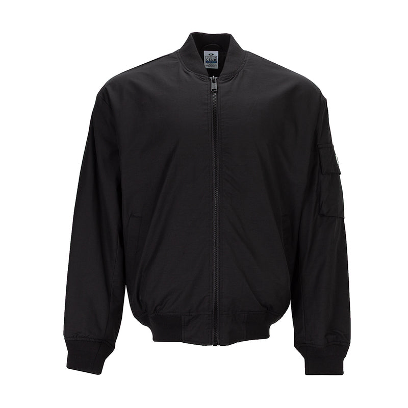 Men's black bomber jacket with front zipper and ribbed cuffs
