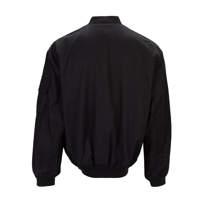 Men's black bomber jacket back view with ribbed collar and cuffs