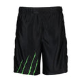 Men's black athletic shorts with green graphic stripe detail