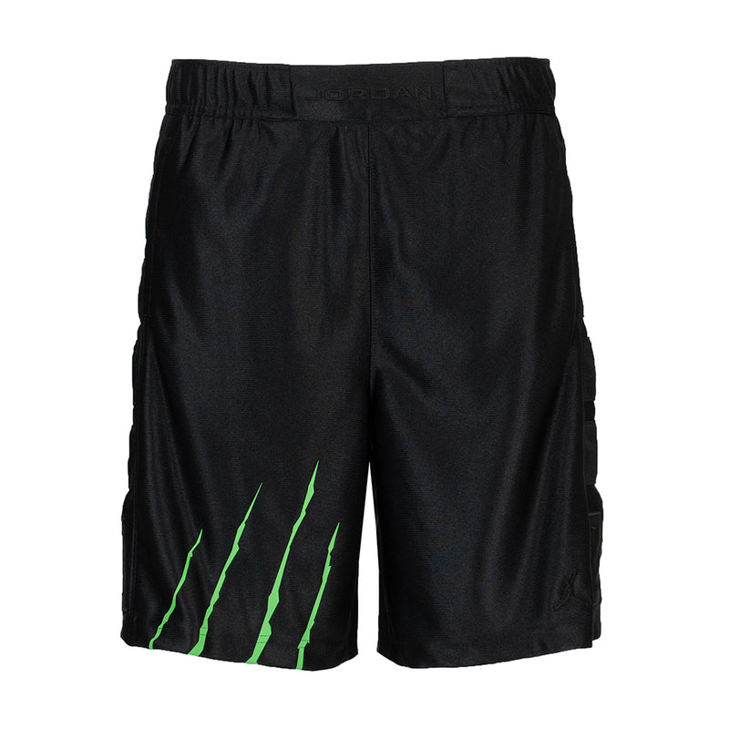 Men's black athletic shorts with green graphic stripe detail