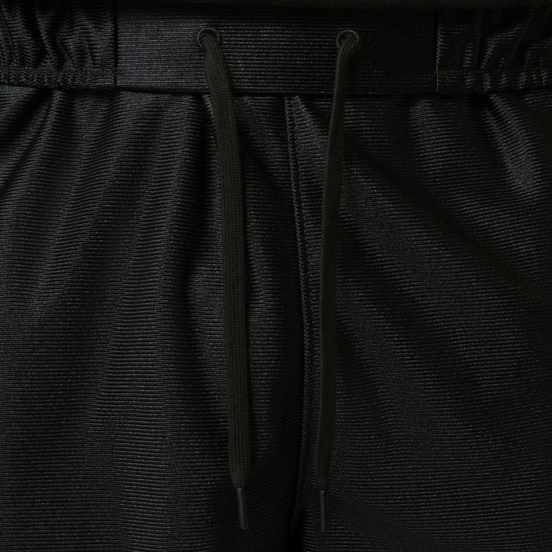 Men's black shorts with drawstring and textured fabric close-up
