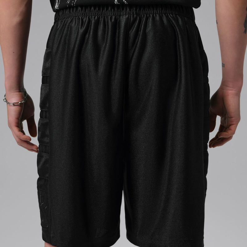 Men's black athletic shorts rear view with elastic waistband and side panels