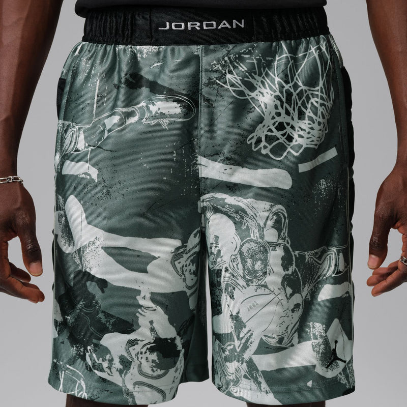 Men's graphic shorts in dark green with white animal print, black elastic waistband