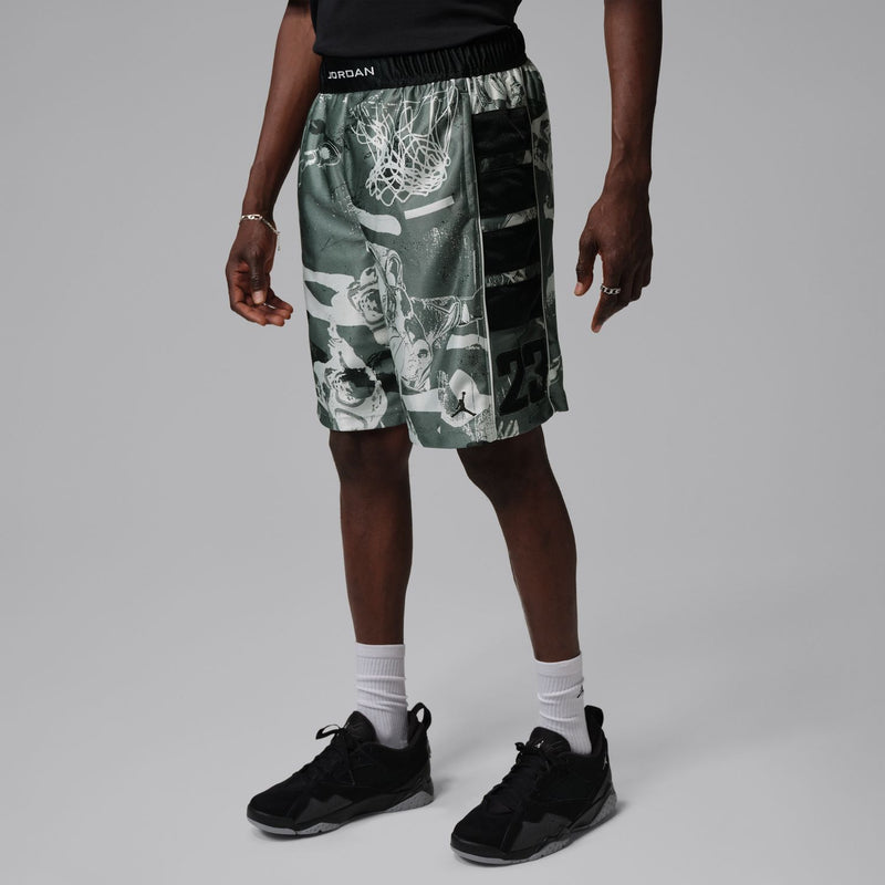 Men's graphic shorts in dark green with white print and black side panels