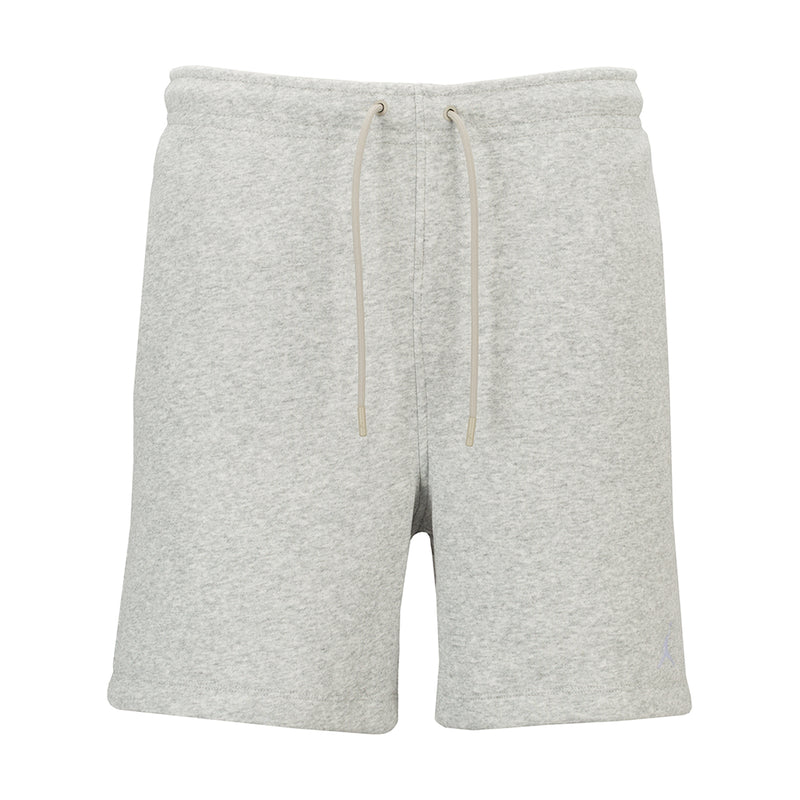 Heather grey men's fleece shorts with drawstring elastic waistband