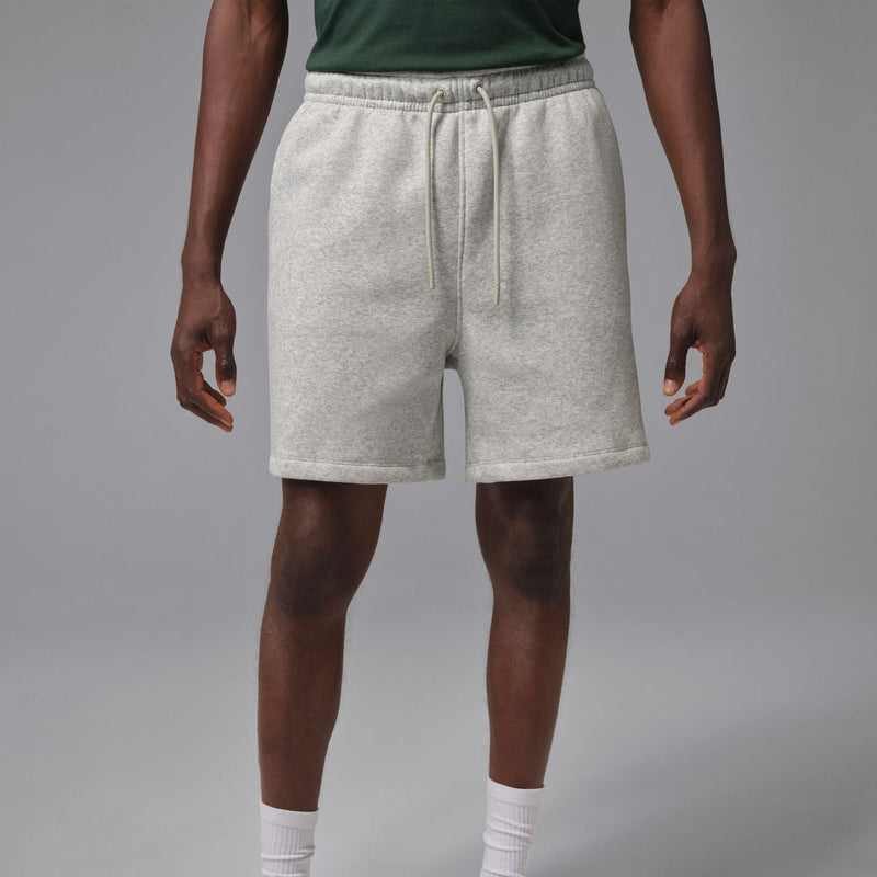 Heather grey men's fleece shorts, rear view with drawstring waistband