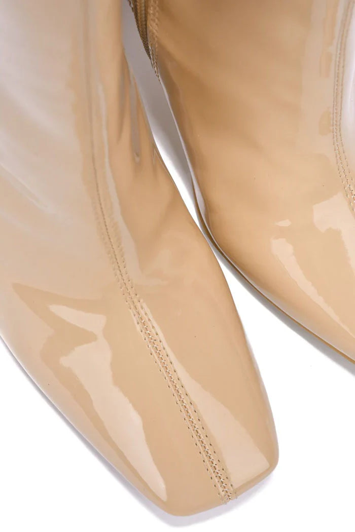 Nude Patent Leather Chunky Heel Booties