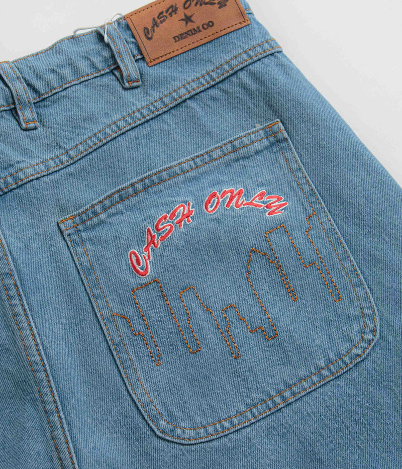 Cash Only Logo Denim Shorts in Washed Indigo