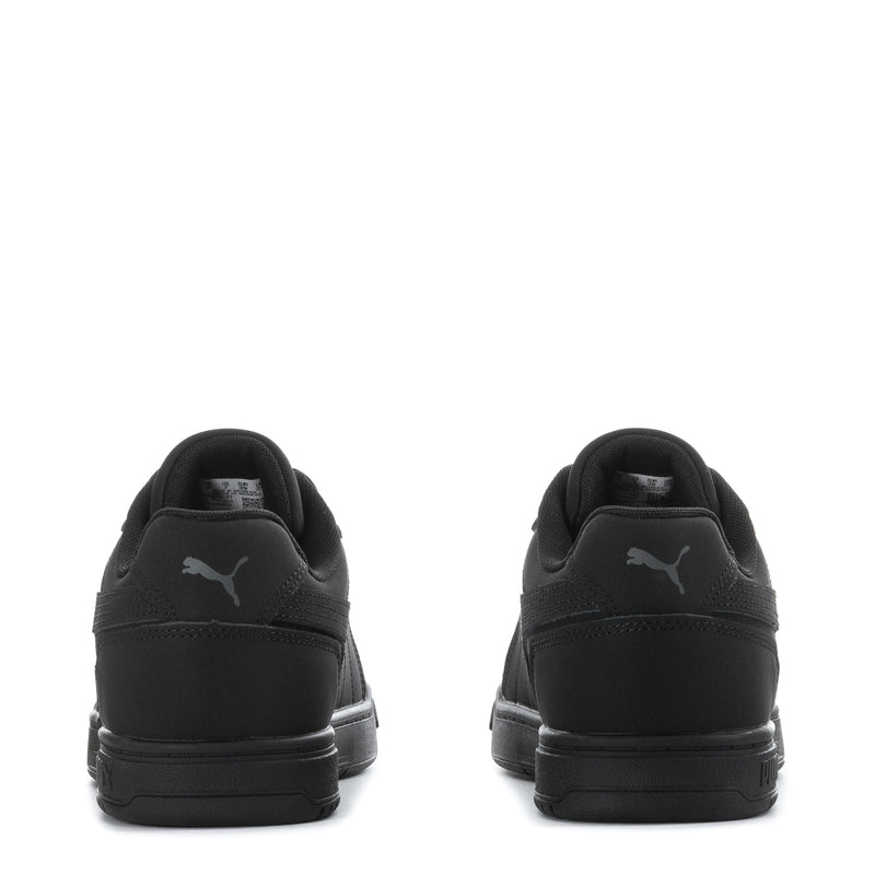 Puma youth black sneakers from heel view, lace-up pair with Puma logo
