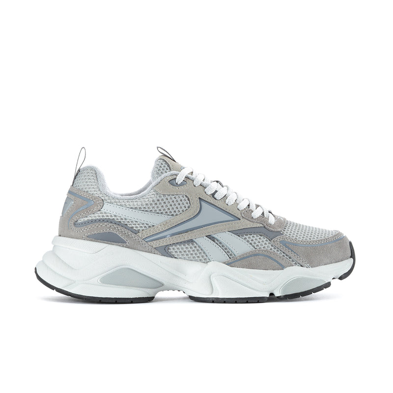 Men's running shoe in light grey mesh upper, white midsole, grey accents