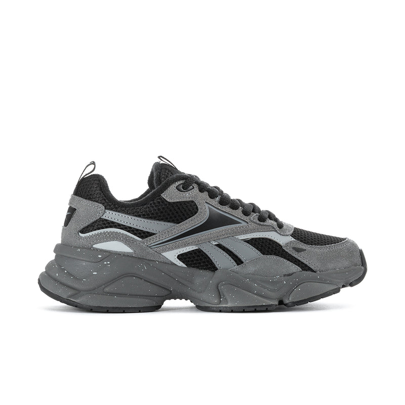 Men's grey and black lace-up running sneaker with chunky rocker sole