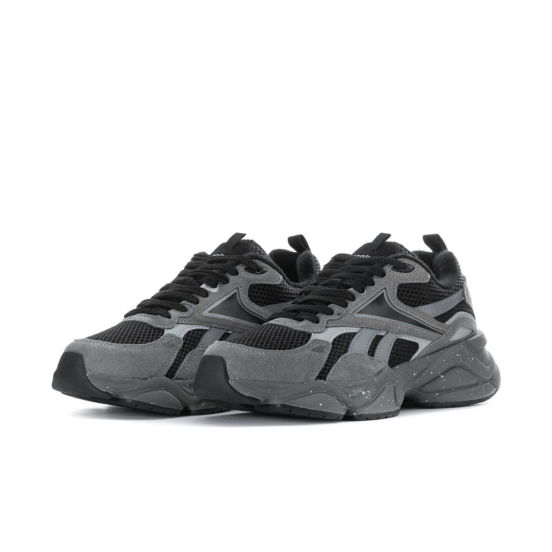Men's grey and black lace-up running sneaker, front-side view