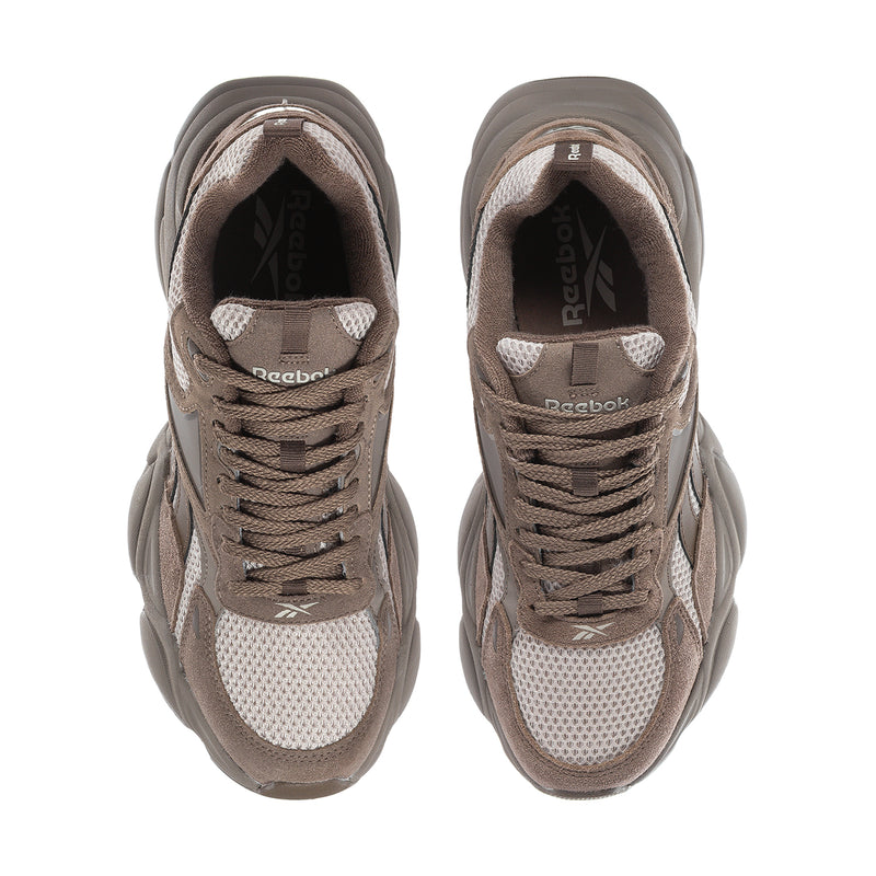 Men's running shoe taupe/grey laces and mesh tongue, Reebok logo at heel