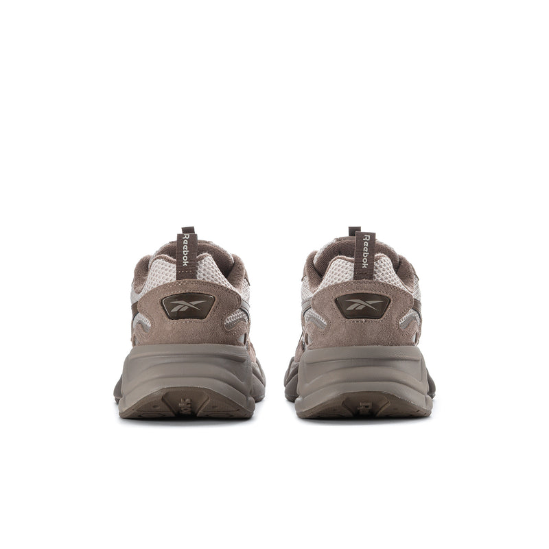 Men's running shoe heel and side view, taupe suede overlays, cushioned sole