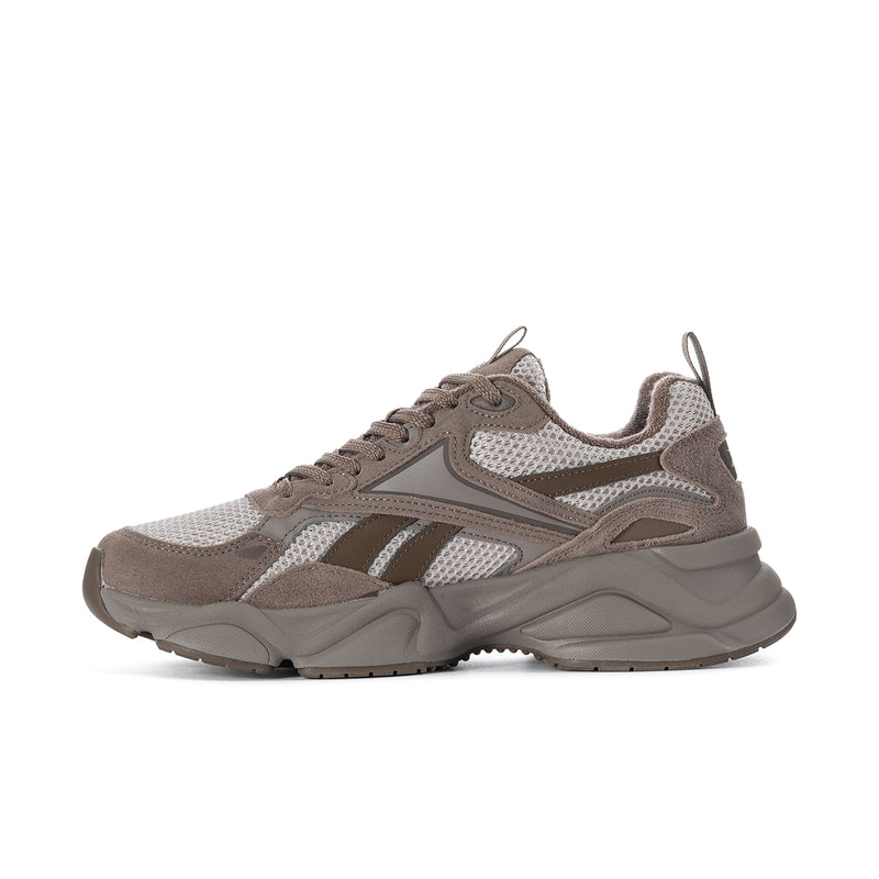 Men's running shoe taupe/grey/white with lace-up front and molded support panels
