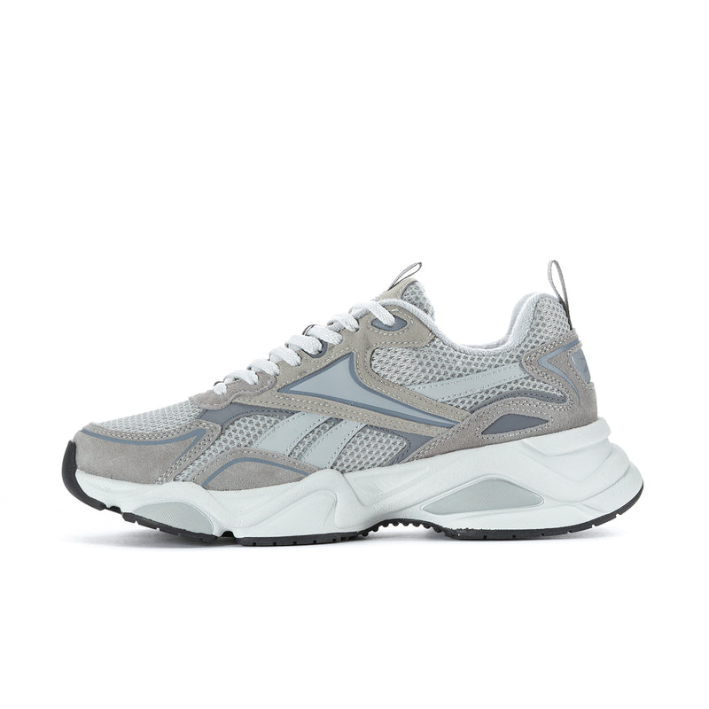 Men's running shoe side view, light grey mesh lace-up with white midsole