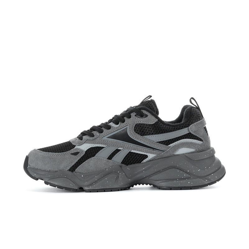 Men's grey and black lace-up running sneaker, side profile with textured upper
