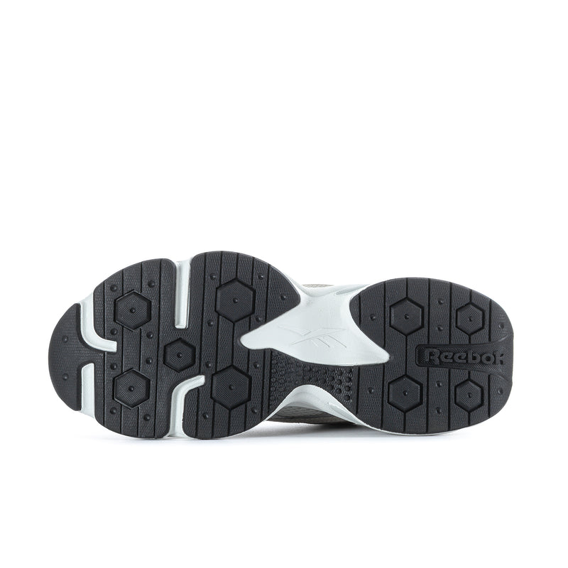 Men's running shoe outsole view, dark traction tread with white support panel