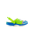 Kids' neon green and blue clog with alien face graphic, hook-and-loop strap