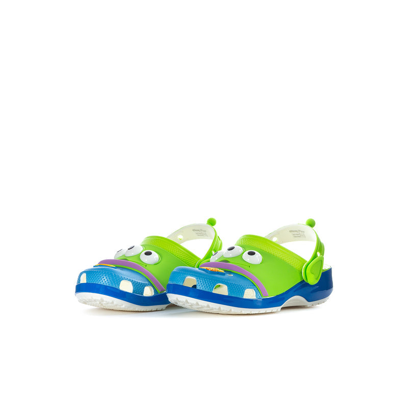 Kids' neon green and blue clogs pair with purple side accent and cushioned footbed