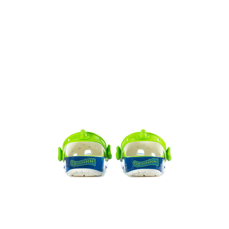 Kids' neon green clogs rear view with blue back band and loop strap