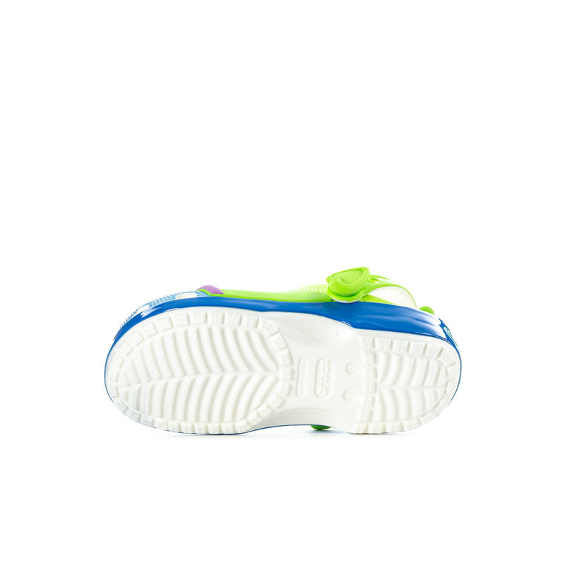 Kids' neon green and blue clog outsole with white ridged tread