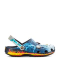 Men's blue clogs with lightning graphic, flame trim, and adjustable heel strap