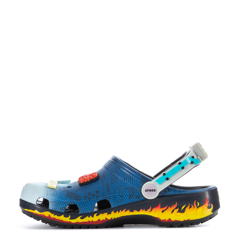 Men's blue clog with lightning print, flame side stripe, and adjustable heel strap