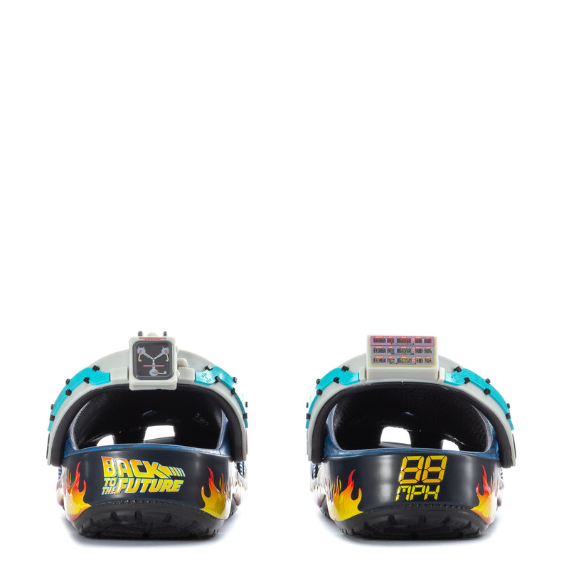 Men's blue clogs with flame graphics on heel, including Back to the Future print