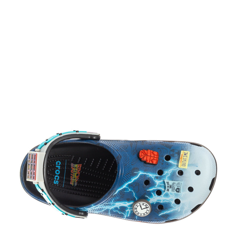Men's blue clog interior view with crocs logo, lightning pattern, and toe holes