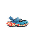 Toddler blue clogs with Lilo & Stitch graphics, red flame accents, adjustable strap