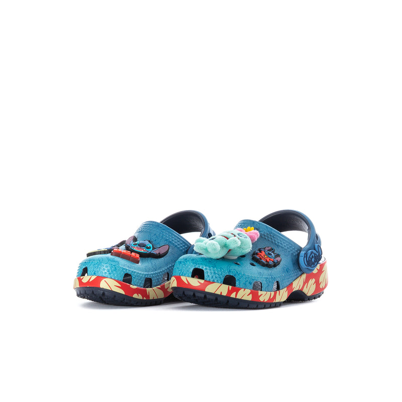 Toddler blue clogs with Lilo & Stitch prints and plush detail, red flame outsole