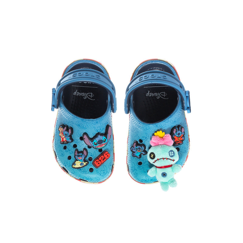 Toddler blue clogs top view with Lilo & Stitch charms and adjustable heel strap