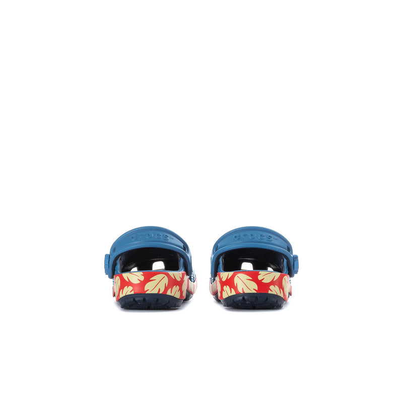 Toddler blue clogs back view with red flame heel band and heel strap