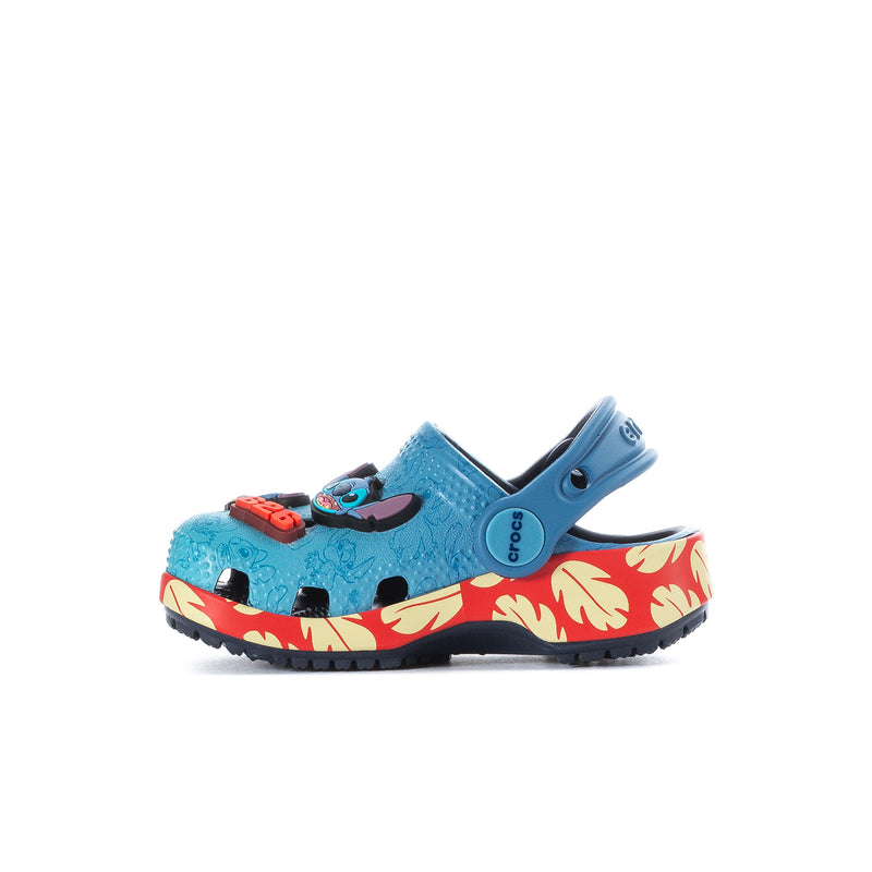 Toddler blue Crocs clog with side Lilo & Stitch graphic, red flame midsole