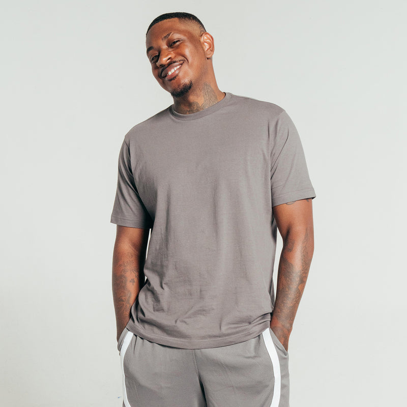 Castlerock gray crew neck T-shirt on model, short sleeves, relaxed fit.