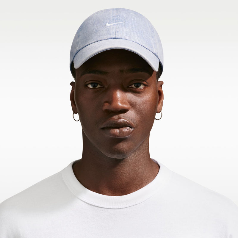 Light blue denim Nike unstructured cap, white swoosh on front panel