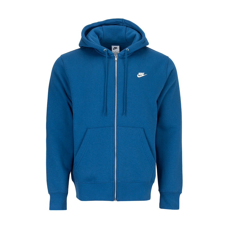 Men's court-blue zip-front fleece hoodie with hood and kangaroo pocket, Nike logo
