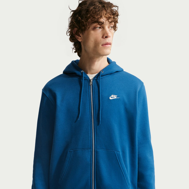 Men's court-blue zip-front fleece hoodie, Nike logo on chest, hooded collar