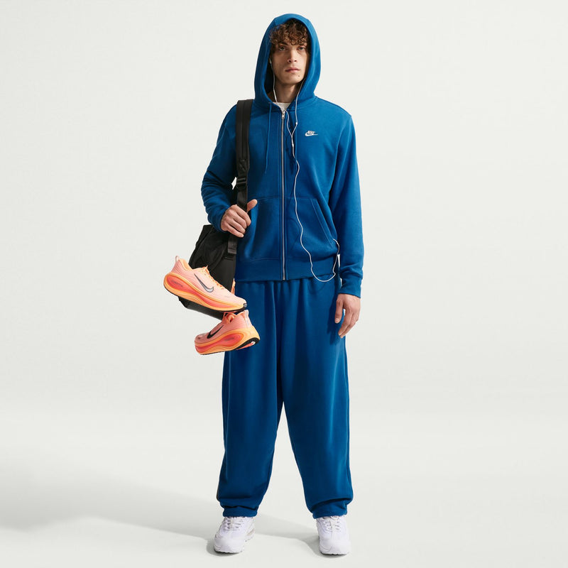 Men's court-blue zip-front fleece hoodie with hood and drawstrings, Nike chest logo