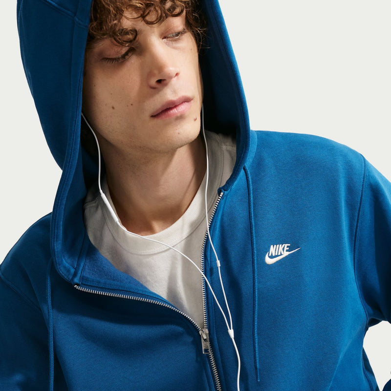 Men's court-blue zip-front fleece hoodie, Nike chest logo, drawcord hood and zipper