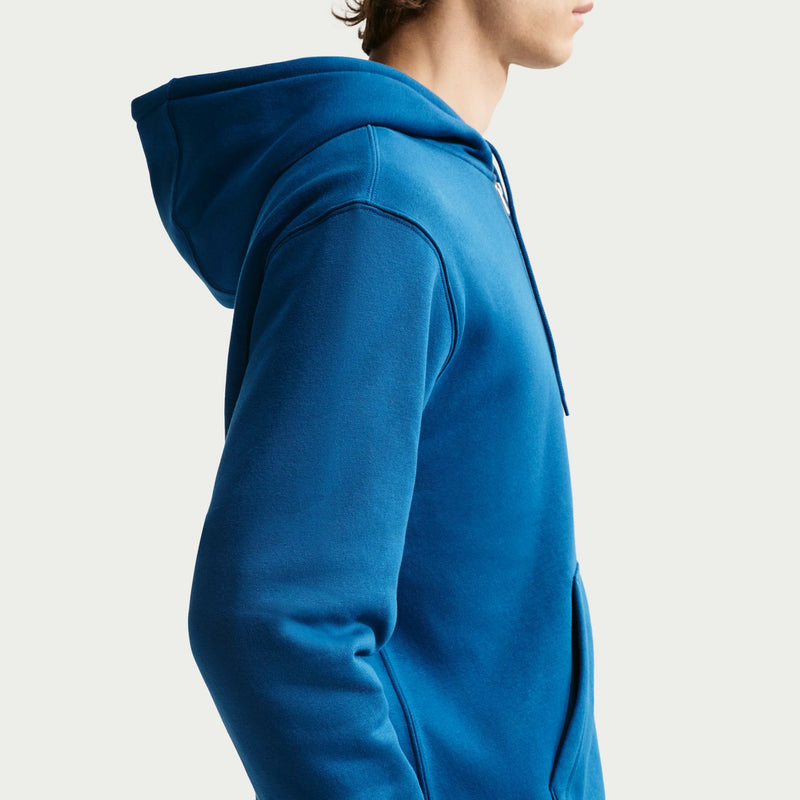 Men's court-blue zip-front fleece hoodie with hood, side seam stitching