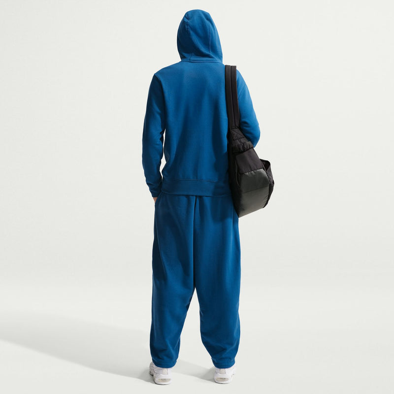 Men's court-blue zip-front fleece hoodie from back with hood and kangaroo pocket