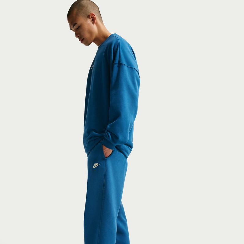 Men's court blue fleece open-hem pants with drawstring waist and side logo