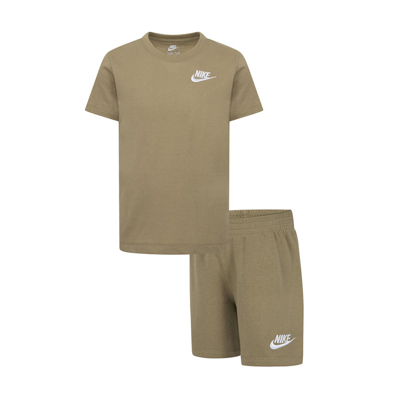 Kids knit short set, beige T-shirt and elastic-waist shorts with NIKE logo