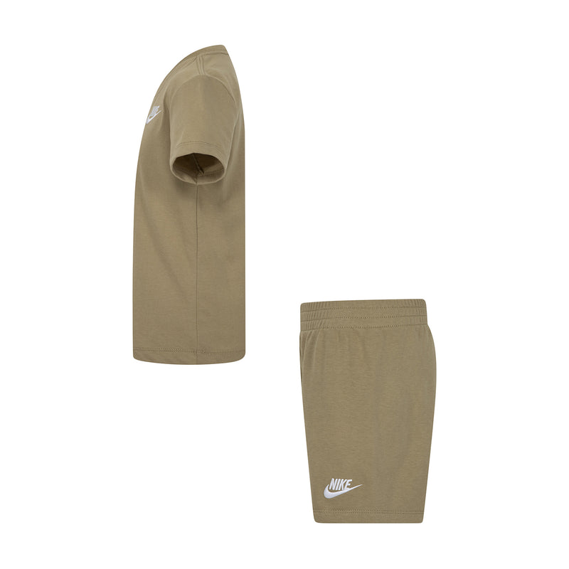 Kids knit short set, beige short-sleeve tee and shorts with NIKE logo on shorts