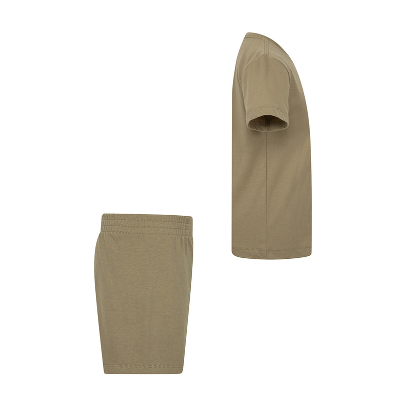 Kids knit short set, beige short-sleeve tee and matching shorts in profile view