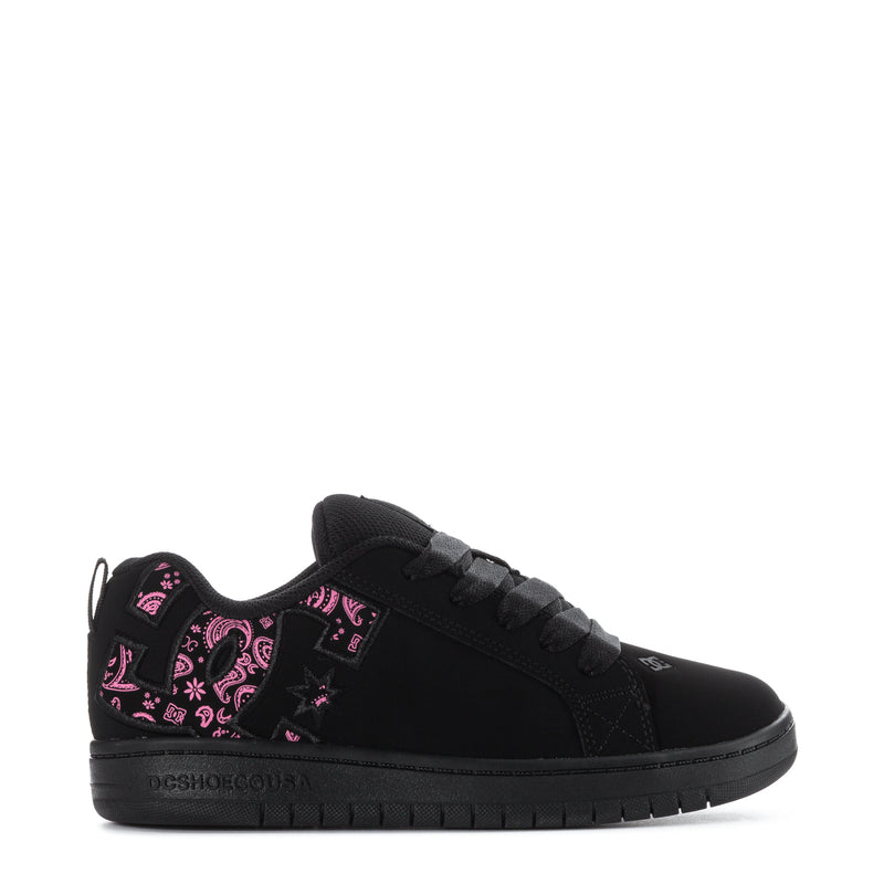 Youth black court sneakers with pink paisley graphic side panel
