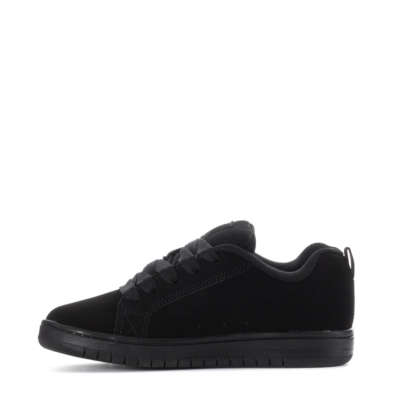 Youth black court sneakers, side profile with lace-up and padded collar